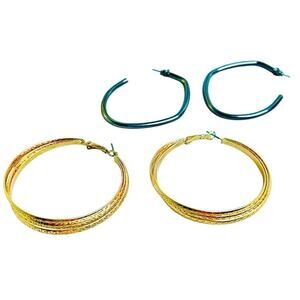 Large Hoop Earrings Gold Tone Gunmetal Silver Tone Two Pair
